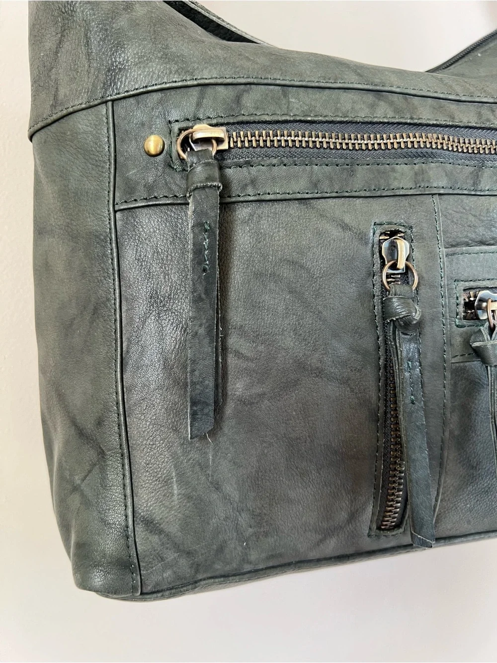 Great American LeatherWorks Slate Green Washed Leather Multi-Pocket Hobo Bag